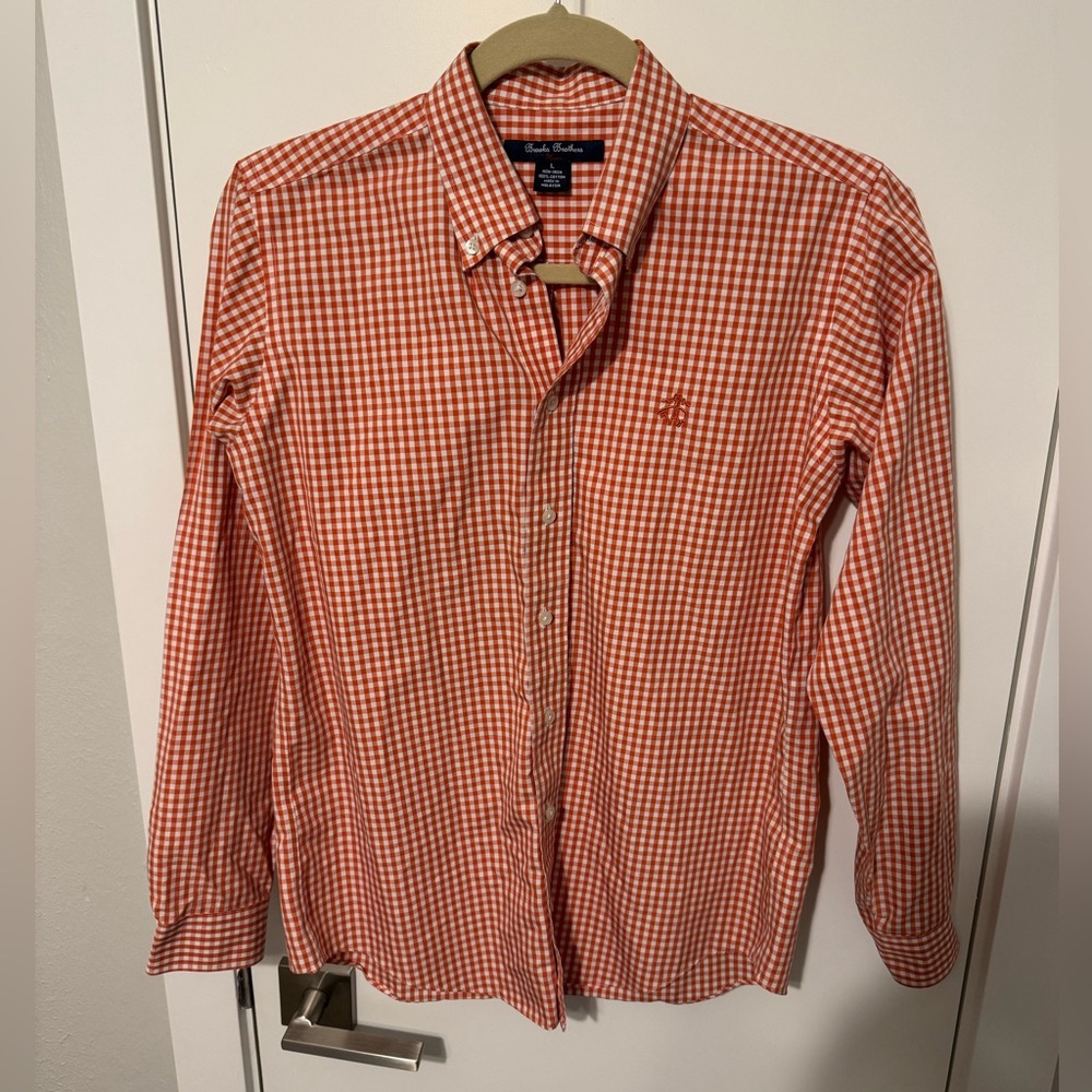 Brooks Brothers Orange and White Gingham Button-Down Shirt - Kids